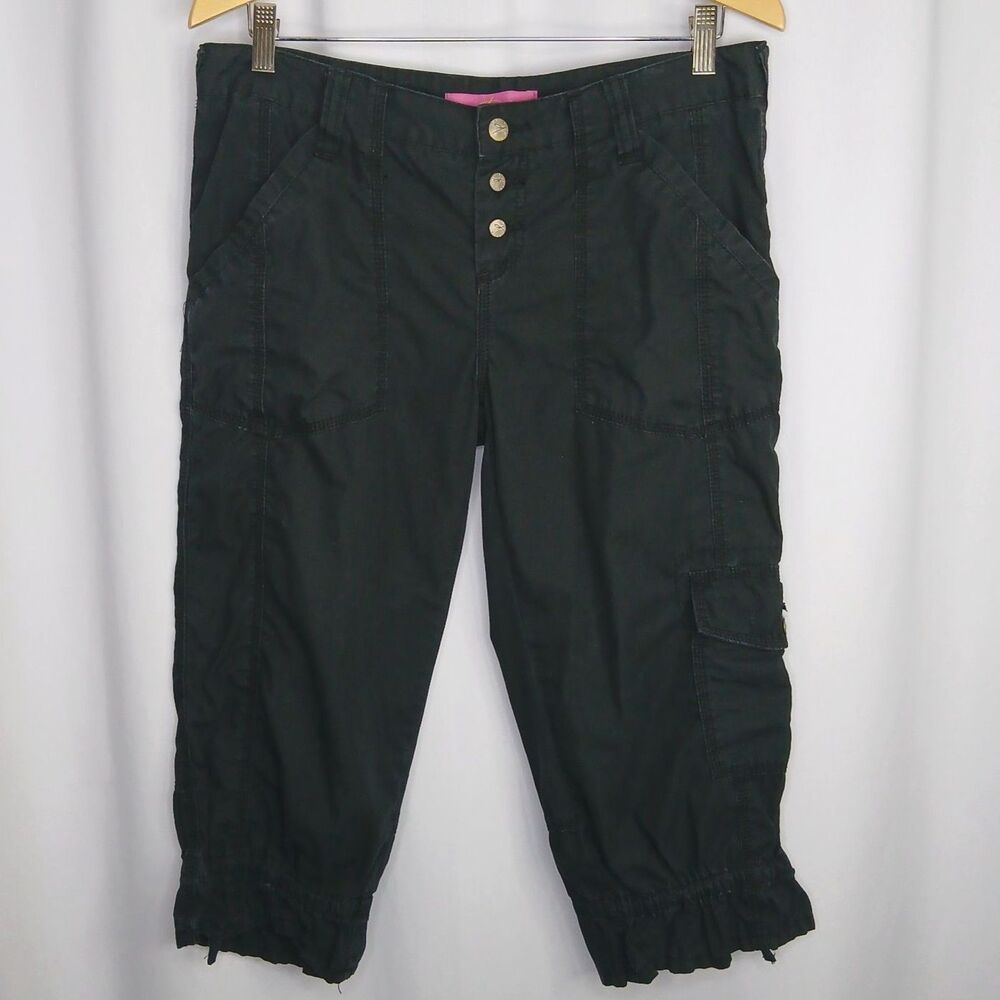 Thalia Sodi Cargo Capris Button Fly Ruffle Hem Cotton Black Chino Womens 11 / 12
